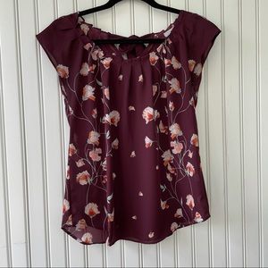 LC Lauren Conrad Pleat Neck Burgundy Floral Blouse